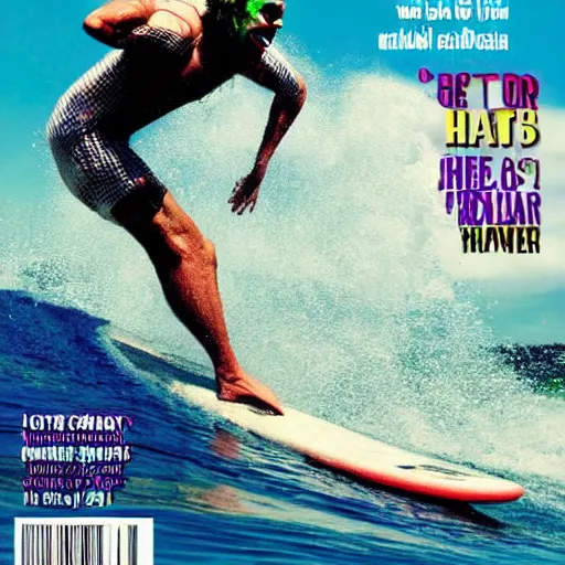 Prompt: the joker catching a wave, cover of surfer magazine, july 2 0 1 1