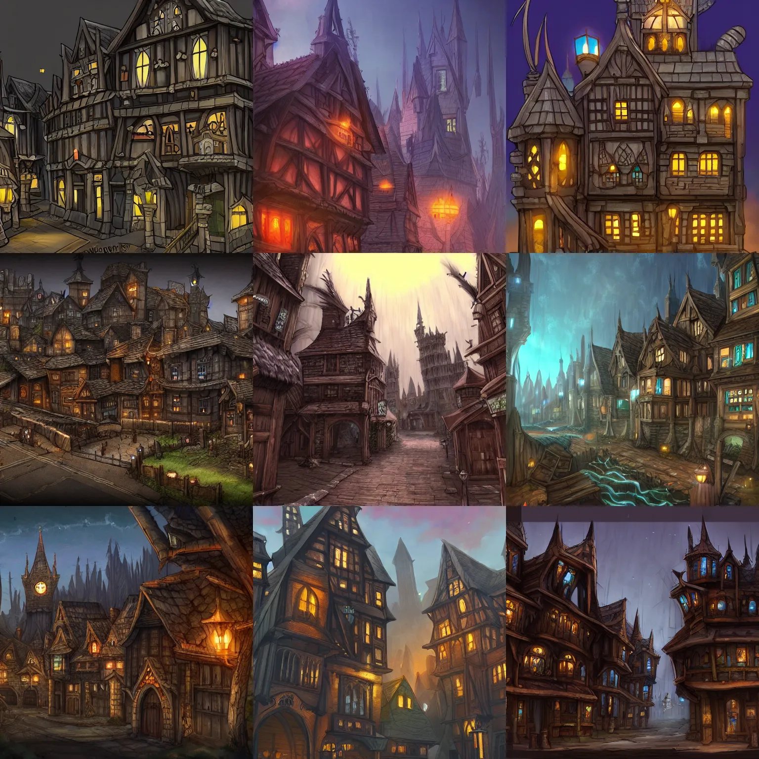 Prompt: medeival fantasy town, slight ruination, night, buildings connected by tall * wooden wall *!!, artstation