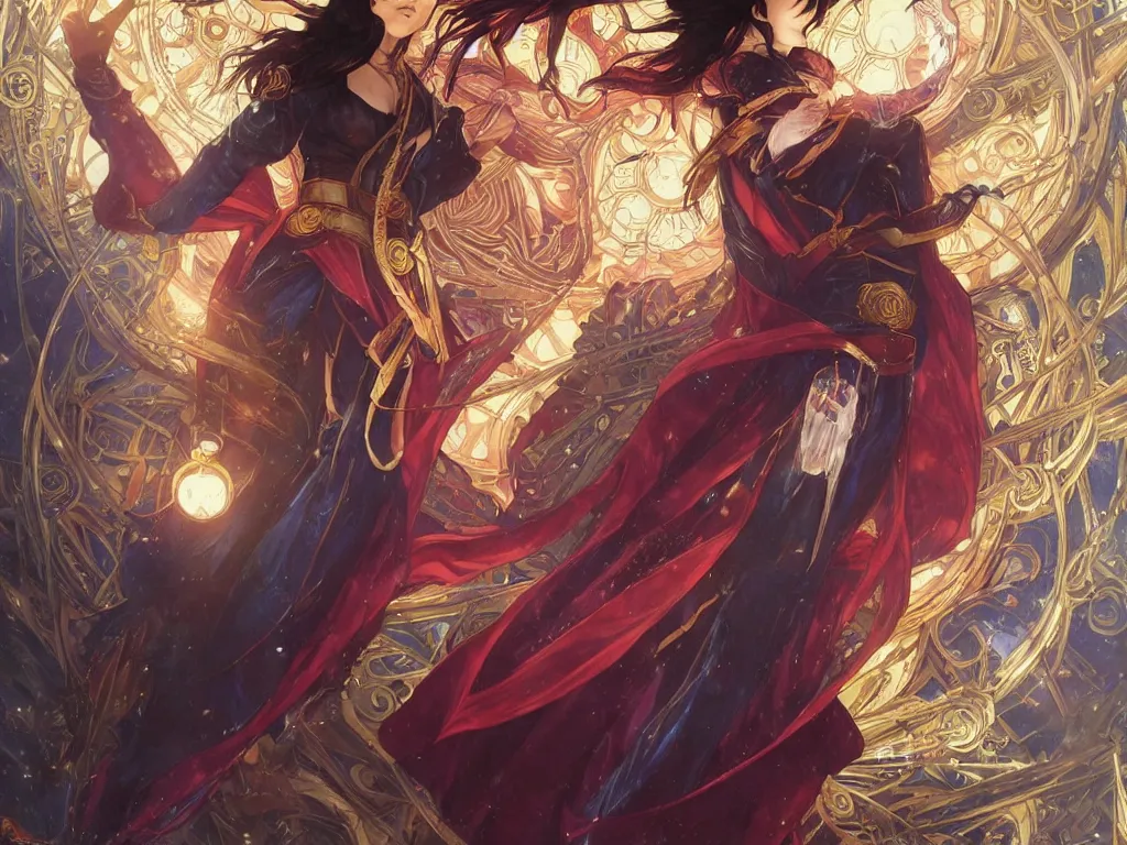 Image similar to anime key visual of one beautiful female doctor strange, marvel comics, spells, magic, intricate, inside magical temple stunning, highly detailed, digital painting, artstation, smooth, hard focus, illustration, art by artgerm and greg rutkowski and alphonse mucha