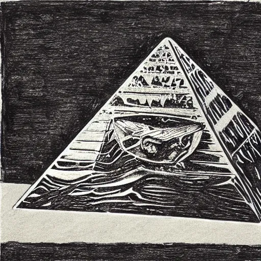 Image similar to martian chilled reflective lagoon pyramid albatross seasoning corolla woodcut, by jeff easley and robert henri and mark rothko, trending on cgsociety, chiaroscuro, charcoal drawing