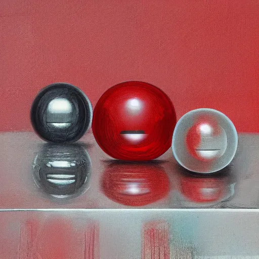 Prompt: chrome spheres on a red cube by rachel ruysc