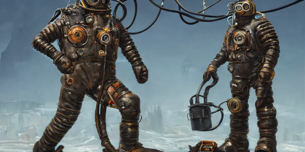 Image similar to highly detailed portrait painting of welder stallone in atmospheric diving suit, by eddie mendoza and tyler edlin, windows, 8 k resolution