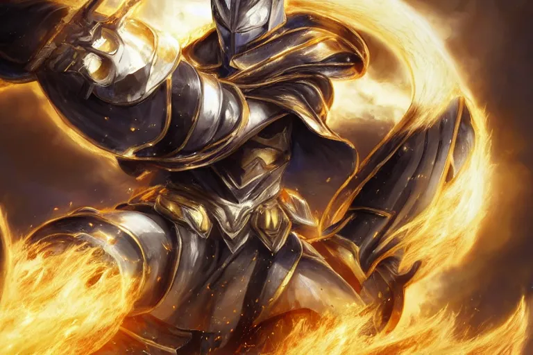 Image similar to an ultra detailed portrait of saladin as a shonen anime protagonist charging into battle wearing bright gold armor and huge flaming longsword blessed by god, epic anime fantasy, 8 k, volumetric lighting, smooth, highly detailed, digital illustration, art by kentaro miura and akira toriyama and albert bierstadt and greg rutkowsi, artstation