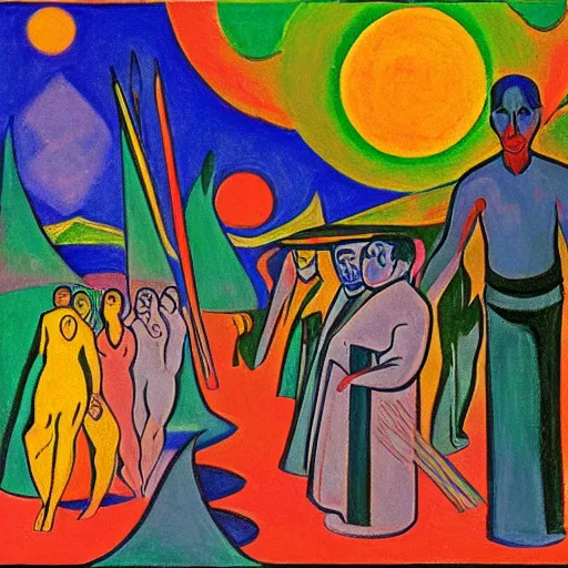Prompt: The The afterlife of Deity, crayon, by Max Pechstein, Milton Glaser, Fantasy Realism