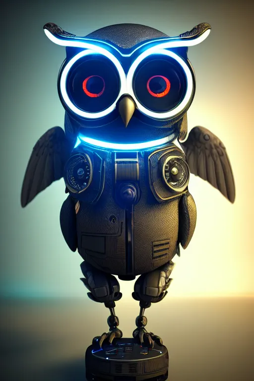 Image similar to high quality 3 d render very cute cyborg owl! with boombox!, cyberpunk highly detailed, unreal engine cinematic smooth, in the style of blade runner & detective pikachu, hannah yata charlie immer, moody light, low angle, uhd 8 k, sharp focus