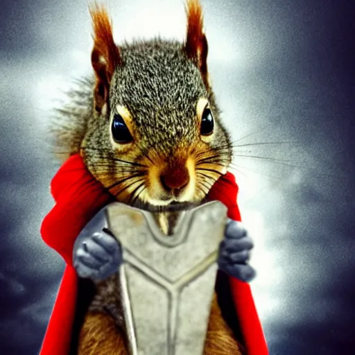 Image similar to a squirrel with thor outfit ~ holding the mjolnir ~ dramatic thunder background ~ trending ~