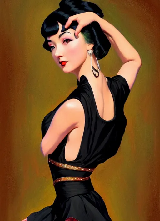 Image similar to a beautiful dancer with black hair in 1930's fashion, living room background, intricate, highly detailed, digital painting, artstation, official media, anime key visual, concept art, rich vivid colors, ambient lighting, sharp focus, illustration, art by Artgerm, Makoto Shinkai, Ilya Kuvshinov, Lois Van Baarle, and Rossdraws