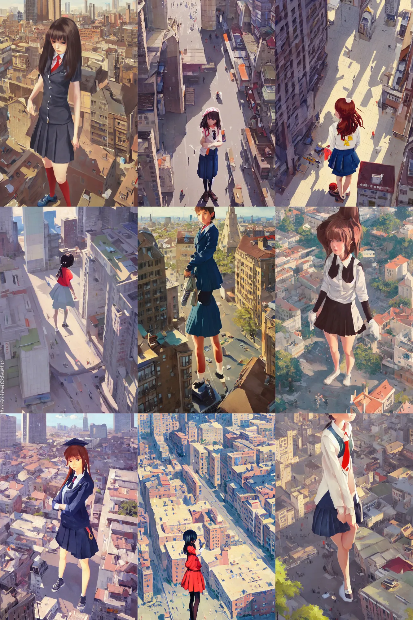 Image similar to gouache of a cute giantess wearing school uniform standing in the city which seem small, bird's eye view, 8 k wallpaper, strong brush stroke, very high detailed, sharp focus, illustration, morandi color scheme, art station, by krenz cushart