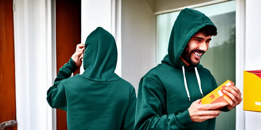 Prompt: delivery-man bring a dark green hoodie, man standing near the house, welcoming the postman receiving package and cry of happiness