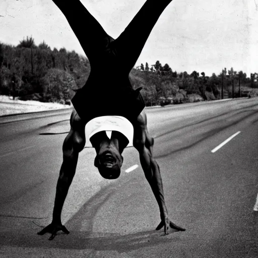 Prompt: a profile shot of barack obama doing a handstand on the highway, highly detailed, 8 k resolution, 1 9 0 0 s picture,