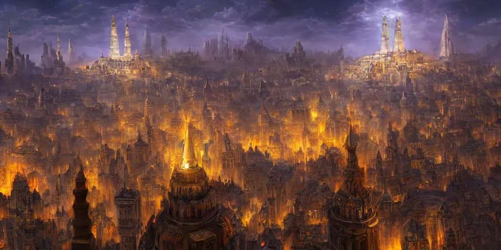 Image similar to magical city of the Great Tartarian Empire adorned with amazing lost technology, lighting resembling fireflies, spires from rooftops collecting and distributing etheric energy, the centerpiece of the city is a colossal ancient pyramid made of metal, cityscape, combining intense detail & utmost quality, Christian Hecker, Artstation, - H 832