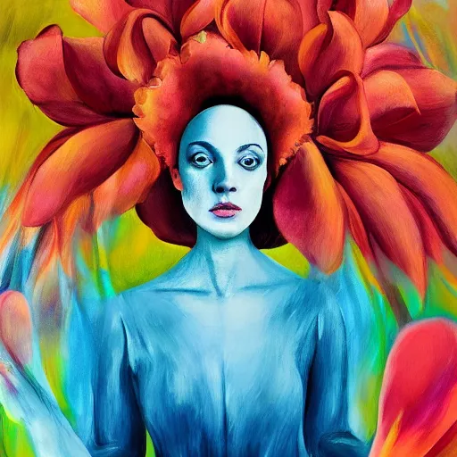 Image similar to huge flower as head, woman standing in a luxury apartment, surreal photography, dramatic light, impressionist painting, digital painting, artstation, georgia o'keeffe