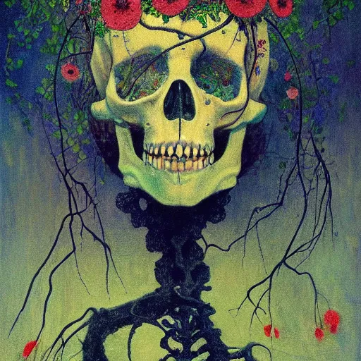 Image similar to 'Life from death' A beautiful detailed aesthetic horror portrait painting depicting 'A skeleton with vines and flowers growing all over it, birds and bees flying all around it' by Odilon Redon, Trending on cgsociety artstation, 8k, masterpiece, cinematic lighting.