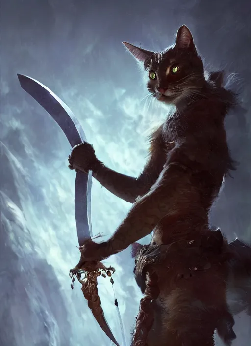 Prompt: a humanoid cat with a sword in elden ring, Atmospheric beautiful by Eddie mendoza and Craig Mullins. volumetric lights volumetric lights, 8k, hd