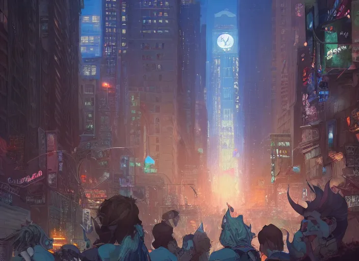 Prompt: chaos in the street of new york, unreal engine, fantasy art by greg, loish, rhads, ferdinand knab, tom bagshaw, makoto shinkai and lois van baarle, rossdraws, ilya kuvshinov, night lighting, trending on studio ghibli, highly detailed, 8 k, octane render