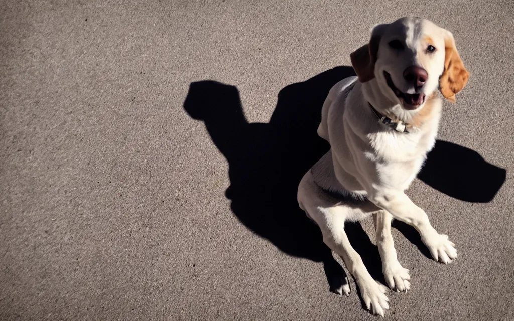 Image similar to a 3 5 mm photo of a dog, sigma 2 4 mm f / 8,, smiling,, sitting, warm lighting, strong shadow, cinematic, realistic,