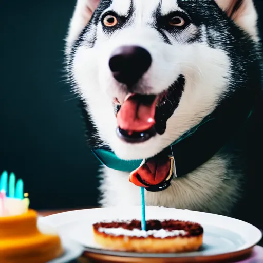 Prompt: a high - quality photo of a happy husky with a birthday cake, 4 5 mm, f 3. 5, sharpened, iso 2 0 0, raw, food photography