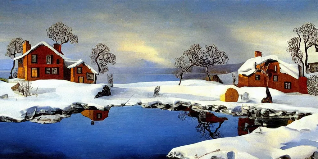 Image similar to an oil painting of a lakehouse in the winter painted by salvador dali, high detail,