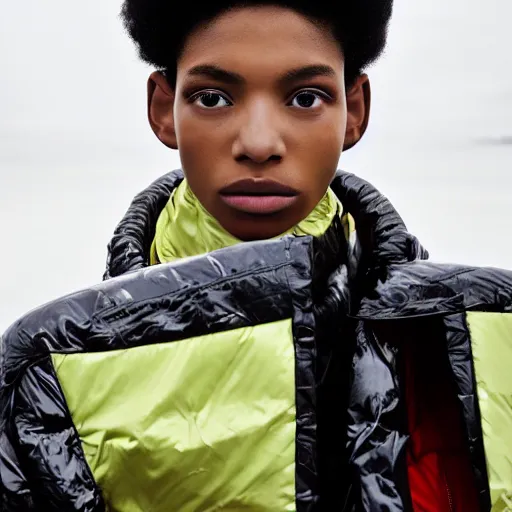 Image similar to realistic photoshooting for a new issey miyake lookbook, color film photography, portrait of a beautiful woman, model is wearing a futuristic puffer jacket, in style of tyler mitchell, 3 5 mm,