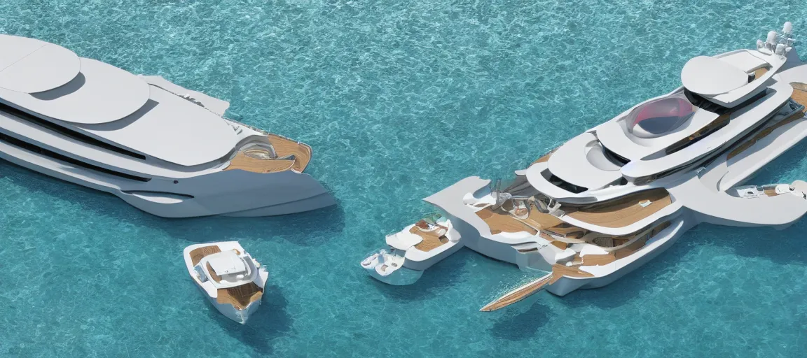 Prompt: a 3 d octane render of super luxury yacht with swimming pool and tennis court on top, riva, italian design, professional shot, ultra detailed, hd