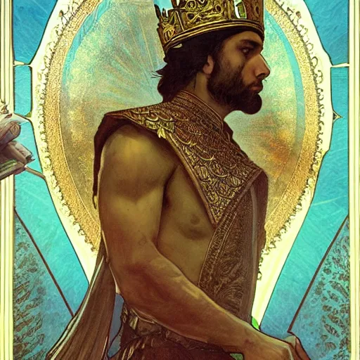 Image similar to the king of persia wearing a tin foil hat, sharp focus, illustration, art by greg rutkowski and alphonse mucha''