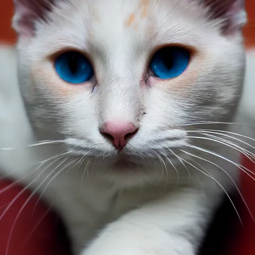 Image similar to an [ [ orange ] ] white black kitty front view