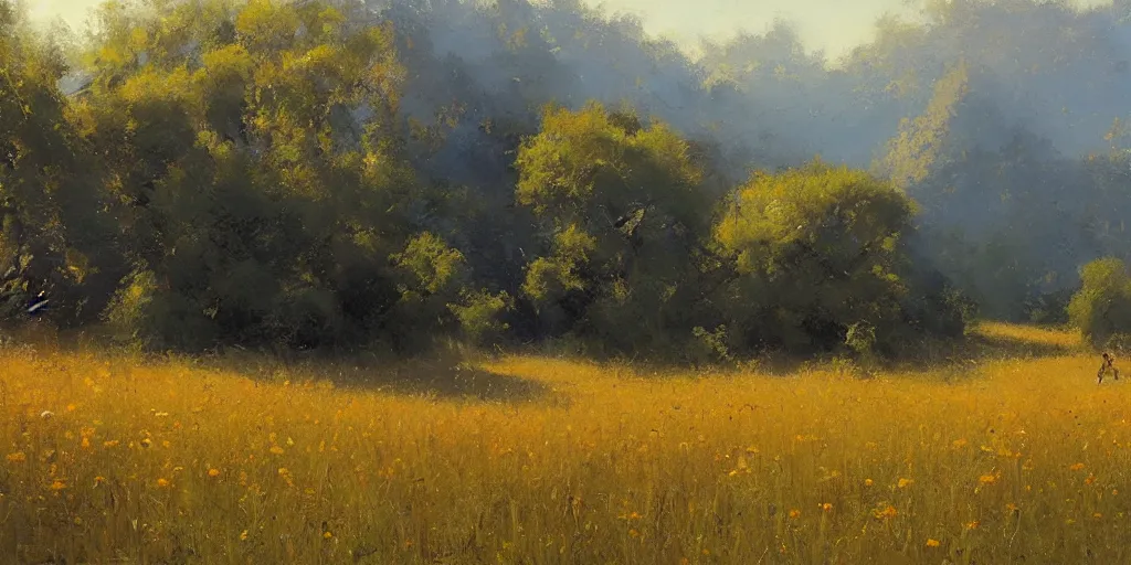 Prompt: an oil painting of a beautiful meadow; masterpiece; extremely-detailed; by Craig Mullins