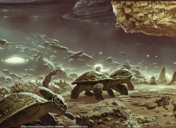 Prompt: mega turtles underwater in a ruined Atlantis art by Chesley Bonestell, cgsociety, retrofuturism, matte painting, reimagined by industrial light and magic