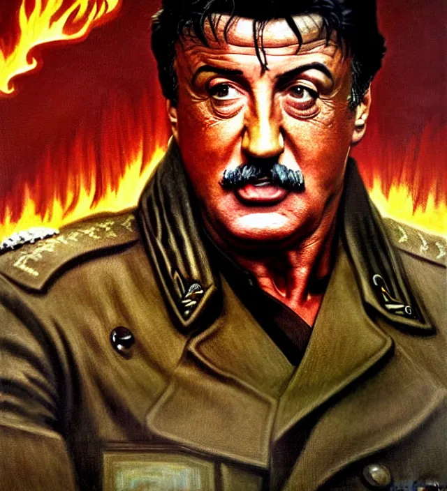 Image similar to sylvester stallone as stalin on fire,, cinematic, by greg rutowski, by greg rutkowski, by stanley artgerm, by alphonse mucha