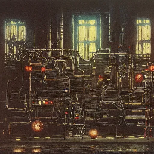 Image similar to cyberpunk network of pipes, by Ilya Repin