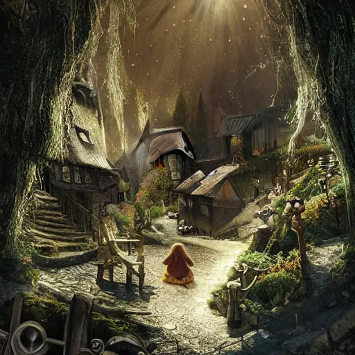 Image similar to my precious! - gollum / smeagol - the hobbit - j. r. r. tolkien - a medieval village in switzerland, ornate, beautiful, atmosphere, vibe, flowers, concept art illustration, greg rutowski, volumetric lighting, sunbeams, particles