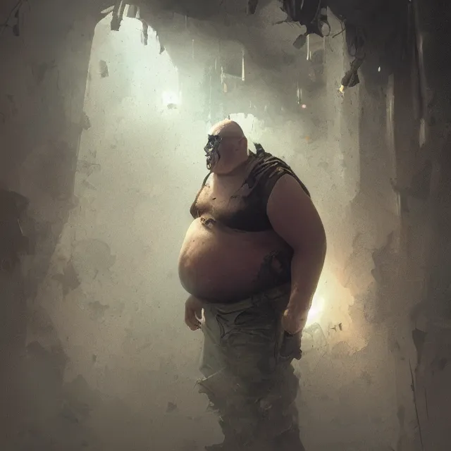 Prompt: hyper realistic photo portrait fat zombie cinematic, greg rutkowski, james gurney, mignola, craig mullins, brom redshift, vray, octane