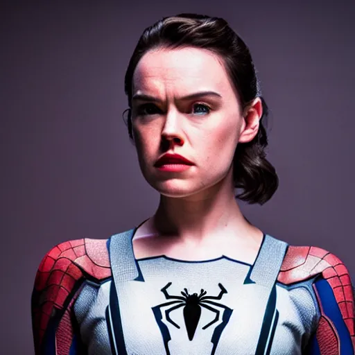 Image similar to daisy ridley dressed as spider - man, photography, marvel, cinematic, studio lighting, 4 k, imax,