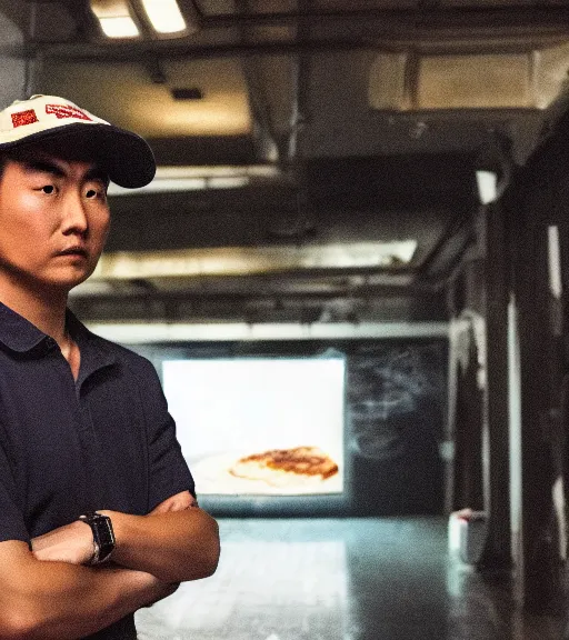 Prompt: suspicious pizza delivelery asian guy, dark building, deliver uniform, the place of the shooting, real life photo, 4 k, cyberpunk style, highly detailed, focus on face