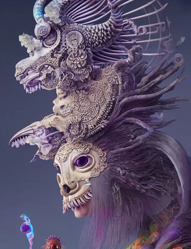 Image similar to 3 d goddess close - up profile solarpunk portrait ram skull. beautiful intricately detailed japanese crow kitsune mask and clasical japanese kimono. betta fish, jellyfish phoenix, bio luminescent, plasma, ice, water, wind, creature, artwork by tooth wu and wlop and beeple and greg rutkowski