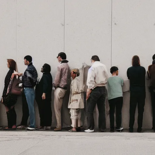 Prompt: people lineup in front of wall facing the camera