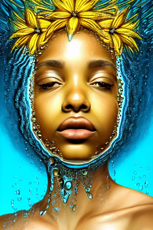 Image similar to hyperrealistic precisionist cinematic profile very expressive! oshun goddess, ophelia in water!, mirror dripping droplet!, gold flowers, highly detailed face, digital art masterpiece, smooth eric zener cam de leon, dramatic pearlescent turquoise light on one side, low angle uhd 8 k, shallow depth of field