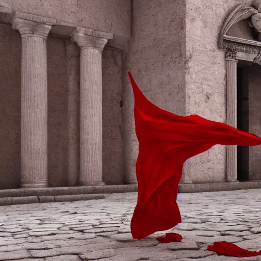 Image similar to a figure covered by red cloth that's blowing in the wind standing in a beautiful roman city, digital art, concept art, cloth simulation with houdini, octane, redshift, 8 k