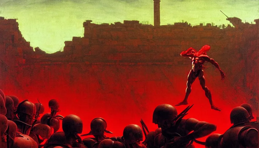 Image similar to only with red, a lightly armored gladiator in a crowded roman amphitheatre, crowd cheering, in the style of beksinski and edward hopper and rodcenko and yue minjun and artgerm, intricate and epic composition, red by caravaggio, highly detailed, masterpiece, red light, artstation, art nouveau