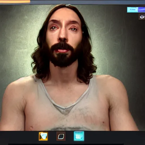 Image similar to jesus christ twitch stream, mouth wide open with his hands on his head, screenshot