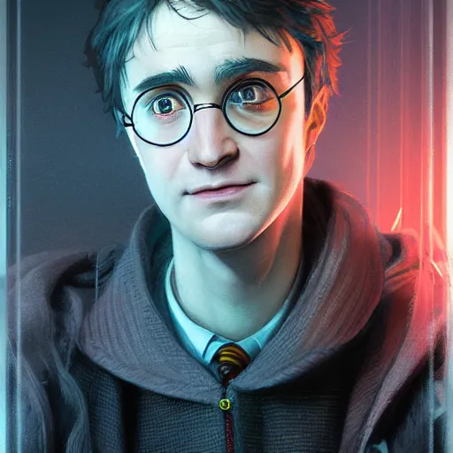 Prompt: closeup portrait of Harry Potter with faciap in cyberpunk, neon lighting, holding laser wand, digital art from artstation by Ruan Jia and Mandy Jurgens and Artgerm and william-adolphe bouguereau and Greg Rutkowski and Wayne Barlowe