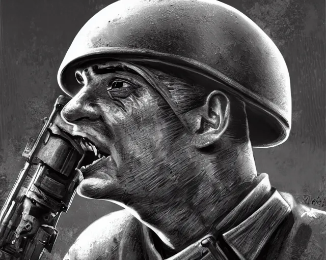 Image similar to A soldier holding a tank machine gun, face in despair, world war 1, close-up, realistic face, beautiful face detail, mature facial features, black and white, amazing digital art, hyper detailed, artstation, in the style of Tony Sart