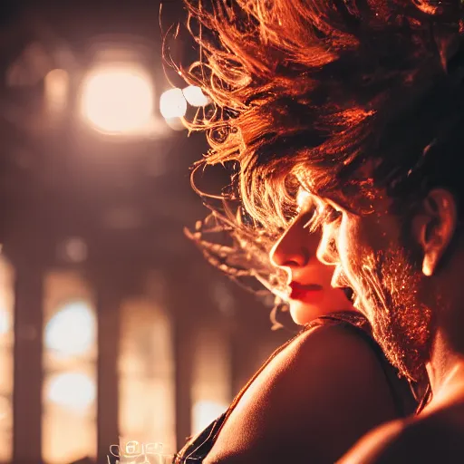 Image similar to closeup of face, steam punk, dramatic neon lighting, F1.5, hair being blown around, city behind them