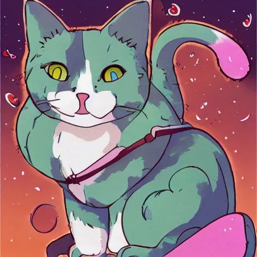 Image similar to illustrated chonky calico calico-cat!!!!!! In the style of Studio Ghibli!!! Calico, Colorful
