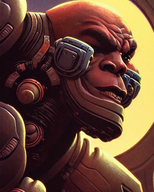 Image similar to doomfist from overwatch, aggressive expression, character portrait, portrait, close up, concept art, intricate details, highly detailed, vintage sci - fi poster, retro future, in the style of chris foss, rodger dean, moebius, michael whelan, and gustave dore