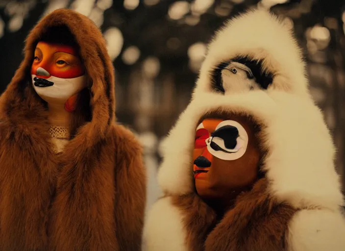 Image similar to 1 9 7 9 a italian movie still a set ordinary people wearing white cotton fur costumes with wooden detailed masks of birds in dark warm light, a character portrait by nadya rusheva, featured on cg society, neo - fauvism, movie still, 8 k, fauvism, cinestill, bokeh, gelios lens