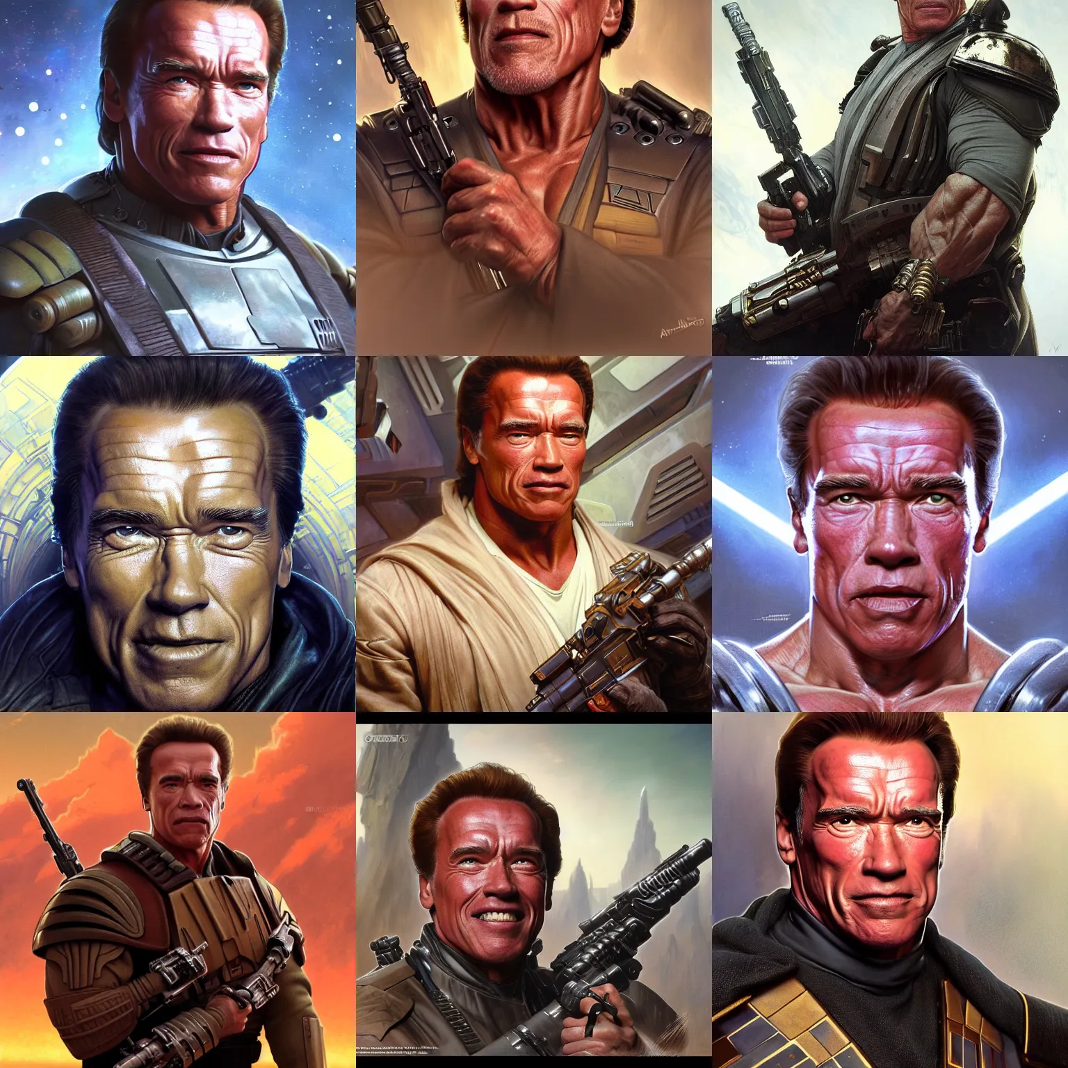 Prompt: Arnold Schwarzenegger Star Wars movie character, highly detailed, digital fantasy character, painted portrait, artstation, concept art, hard focus, illustrations, works by artgerm and Greg Rutkowski, Alphonse Mucha and Craig Mullins, James Jean, Andrey Ryabovichev, Mark Simonetti and Peter Morbacher, 16k,