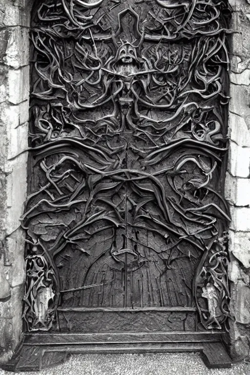 Image similar to a portal gate to hell malde of cast iron. hyper - detailed. ominous shapes. epic. sinister. medieval