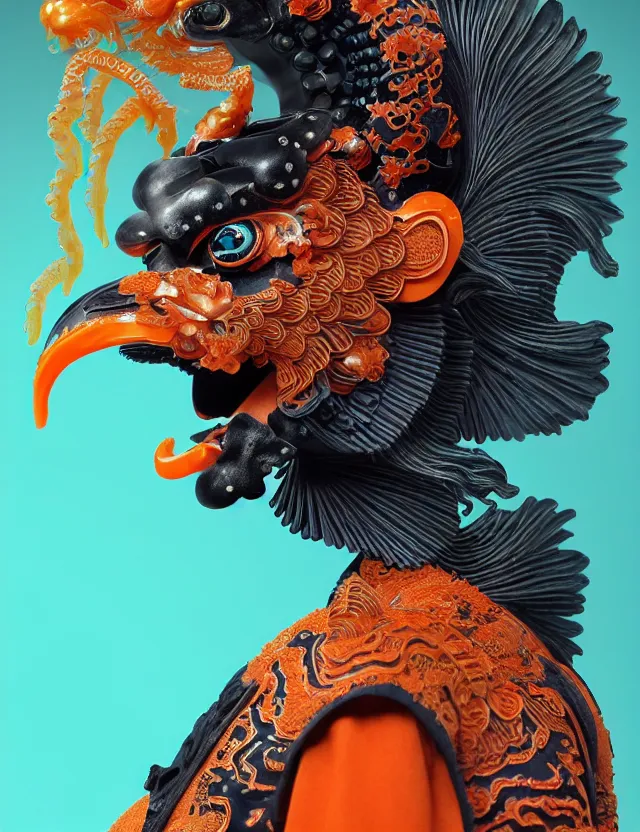 Image similar to 3 d goddess close - up profile portrait biomechanics with ram skull. beautiful intricately detailed japanese crow kitsune mask and clasical japanese kimono. betta fish, jellyfish phoenix, bio luminescent, plasma, ice, water, wind, creature, artwork by tooth wu and wlop and beeple and greg rutkowski. gold black teal and orange color scheme