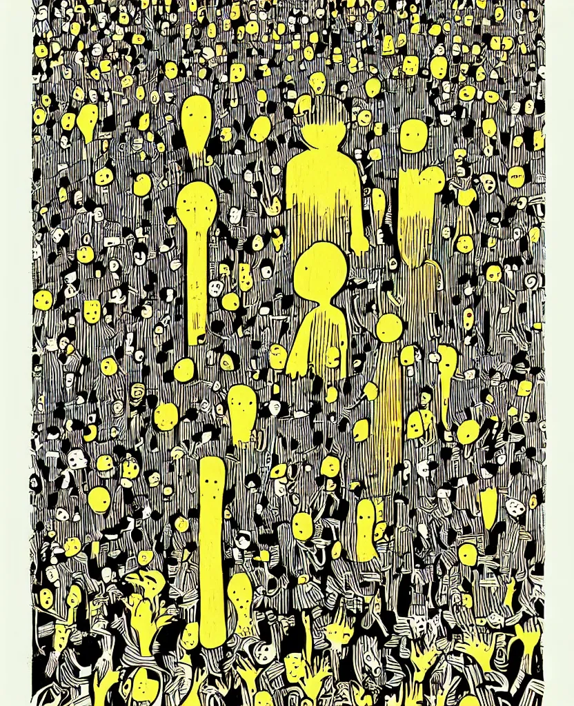 Image similar to two people standing next to each other, a screenprint by michael deforge, featured on pixiv, orphism, concert poster, woodcut, poster art